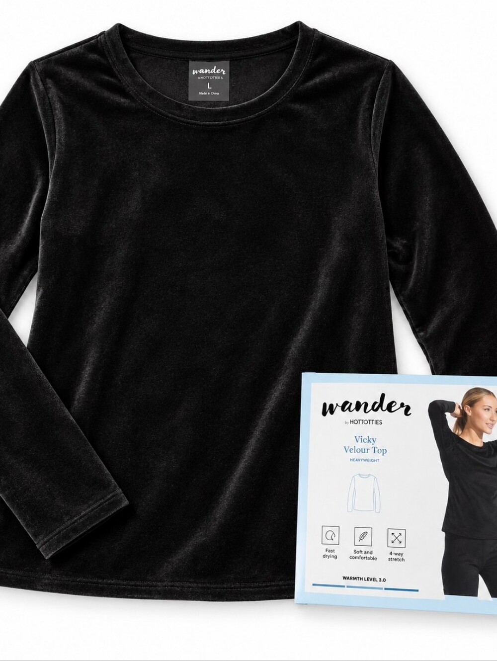 Wander by Hottotties Vicky Velour Top Large Black Cozy Minimalist Après Ski